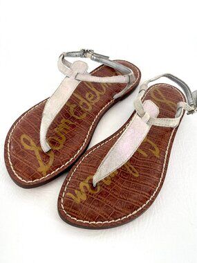 NEW Sam Edelman Gigi T-strap Flat Leather Sandals Iridescent Metallic NWOT 6
